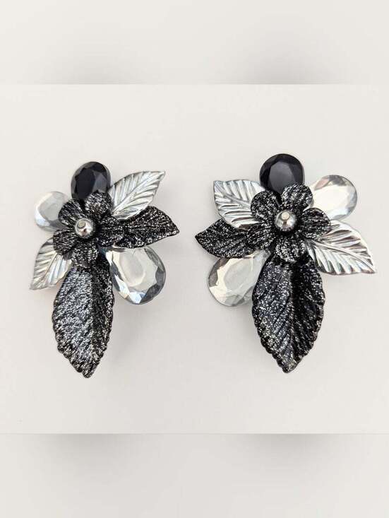 Stanley Jewelry - Statement Piece! Large Frosted Black Silver-Tone Clear Flower Clip-On Earrings